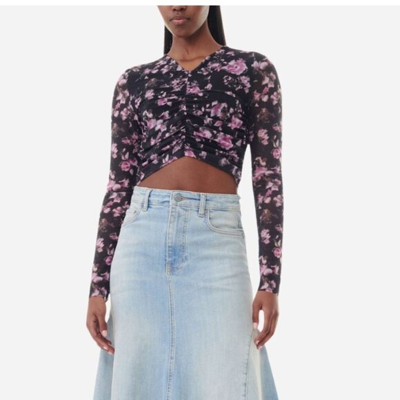 Ganni Black Floral Mesh Rushed Crop Blouse Sz 38 Medium - Picture 9 of 9